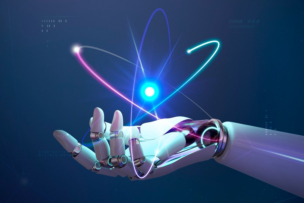 Main robotique tenant une représentation stylisée d'un atome, évoquant la réalisation vidéo IA.