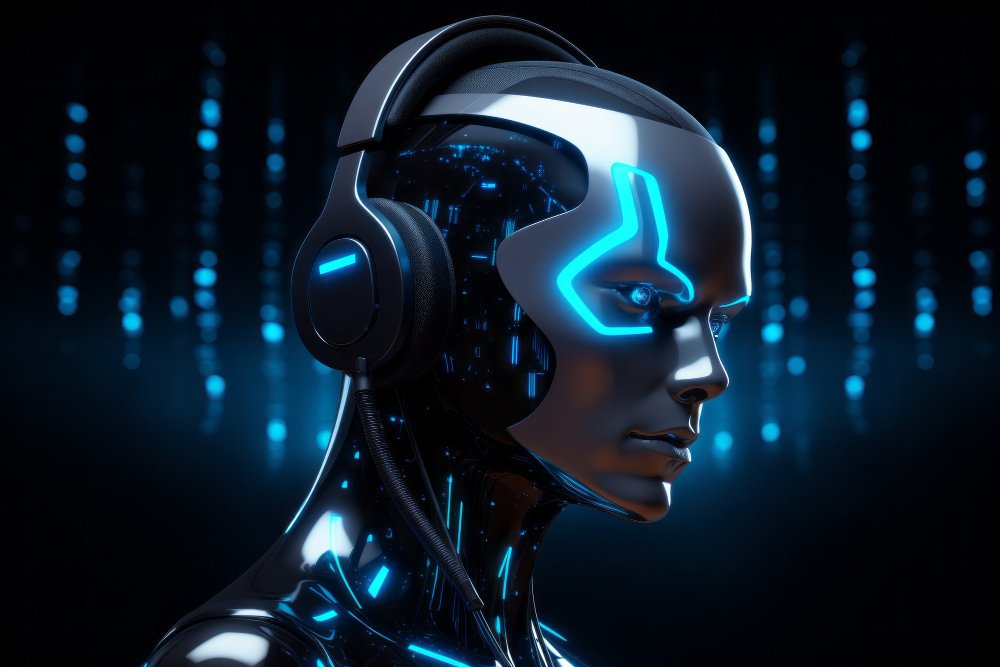 Visage de robot futuriste avec écouteurs, évoquant la réalisation vidéo IA