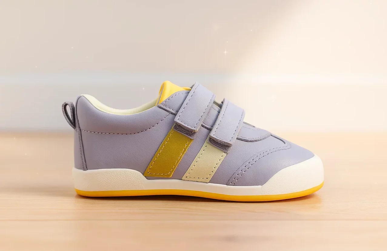 http://Chaussure%20enfant%20violette%20avec%20bandes%20jaune%20et%20crème,%20scratch