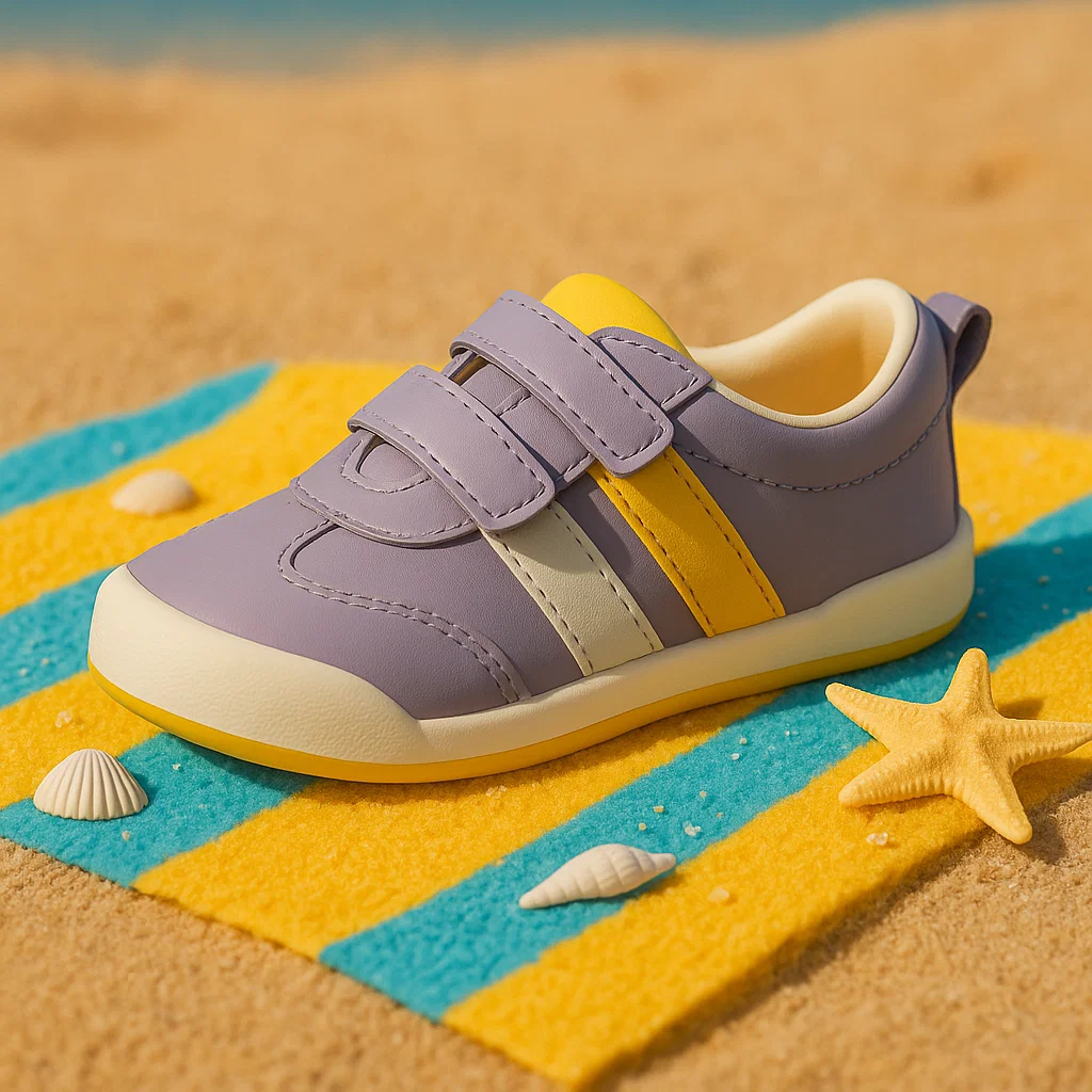 http://Chaussure%20enfant%20lilas%20et%20jaune%20sur%20une%20serviette%20de%20plage%20rayée.